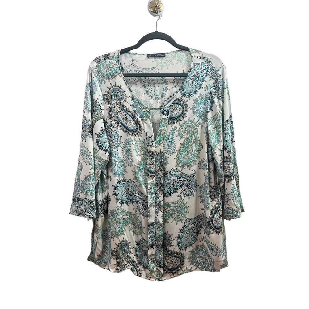 Rose Olive Blouse Womens Size X-Large Loose Fit Paisley Button-Down 3/4 Sleeves